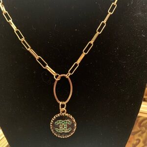 Gold-Tone Necklace with Green Gem Disc Pendant